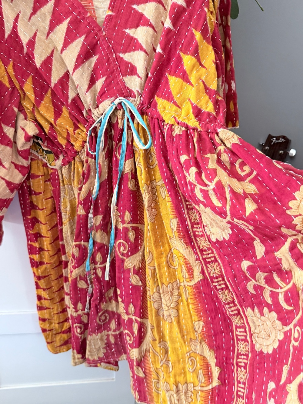Kantha- Bohemian Drawstring Casual Dress in Pink and Yellow - Picture 3 of 9